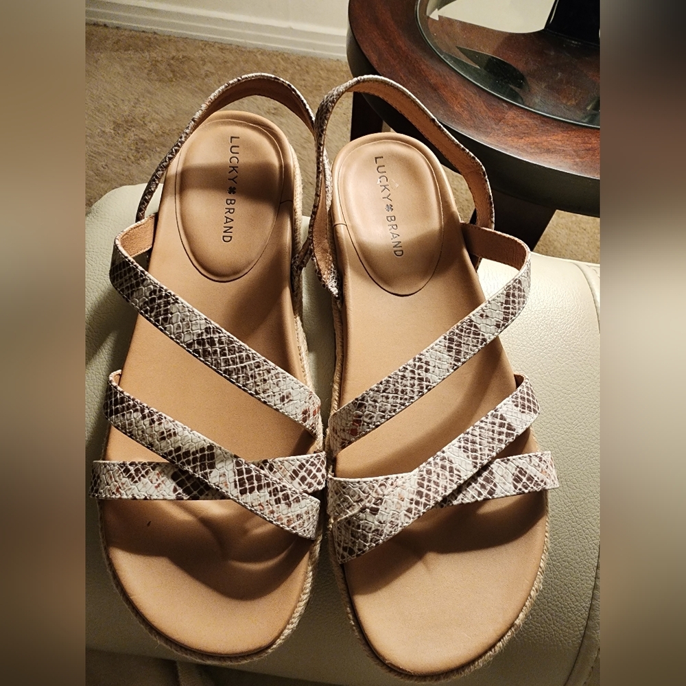 Women's Lucky Brand Sandals Flat Shoes Size 9.5M Beige Snake Print LP-DAEDIL